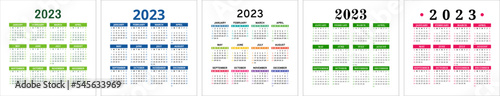 Calendar 2023 set. Multi color english square calender template collection