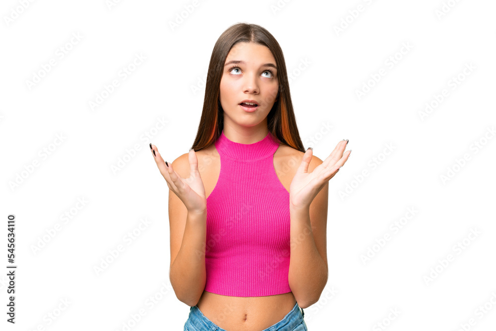 Teenager caucasian girl over isolated background stressed overwhelmed Teenager caucasian girl over isolated background stressed overwhelmed