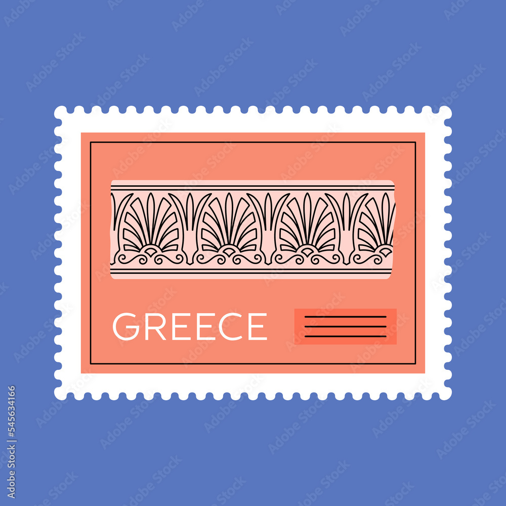 Obraz premium Poster with illustrations of a stamp depicting ancient Greek art. Relief, ornate with floral motifs. Architectural details. Hand drawn vector illustration isolated on green background.