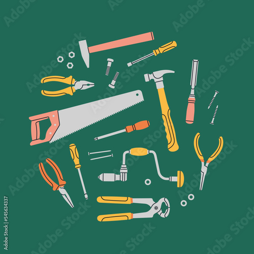 Colorful poster with various tools: screwdriver, saw, hammer, chisel, pliers, drill, nails etc. Repair work, construction, home tools concept. Hand drawn vector illustration. Composition in circle.