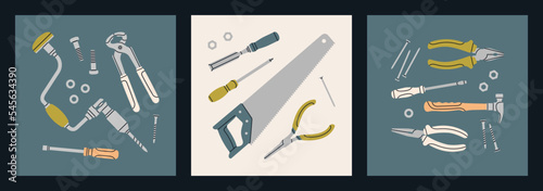 Set of colorful posters with various tools: screwdriver, saw, hammer, chisel, pliers, drill, nails etc. Repair work, construction, home tools concept. Hand drawn vector illustrations. 