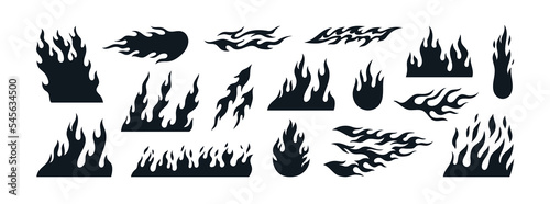Big set with fire. Different shapes of flames, bonfires, lightnings. Clipart. Hand drawn vector illustrations in black color isolated on white background. Design elements, tattoo design.
