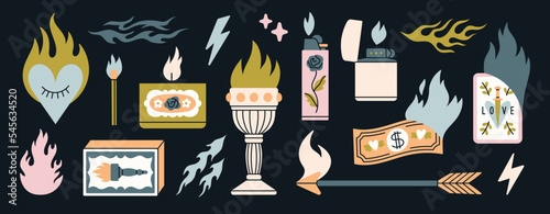 Big set with illustrations with fire elements. Matchbox, candle, lighter, flame, lightning etc. Hand drawn vector illustrations isolated on black background.