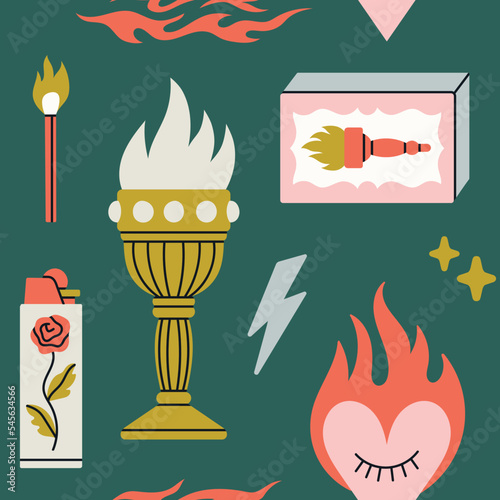 Seamless pattern with fire elements. Matchbox, heart, lighter, flame, lightning etc. Mysterious design. Hand drawn vector illustration. Ideal for prints, fabric and wrapping paper design.