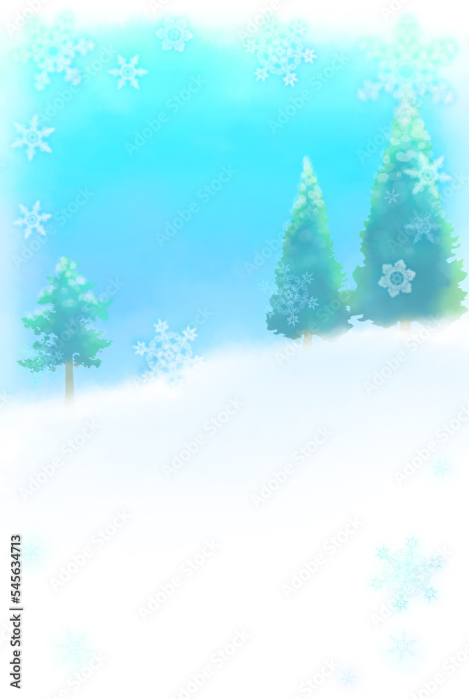 雪の結晶と木々の青い水彩調シンプルフレーム縦