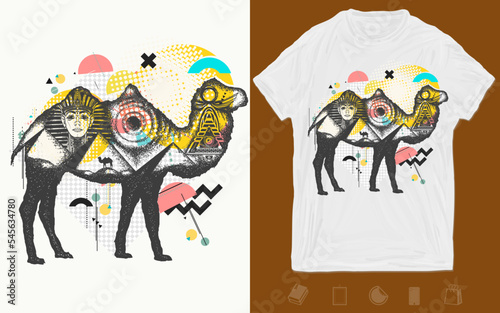 Camel tattoo art. Ancient Egypt, Pharaoh, Ankh, Pyramid. Symbol of archeology. Zine culture concept. Hand drawn vector glitch tattoo. T-shirt design. Creative print for clothes. Template for posters
