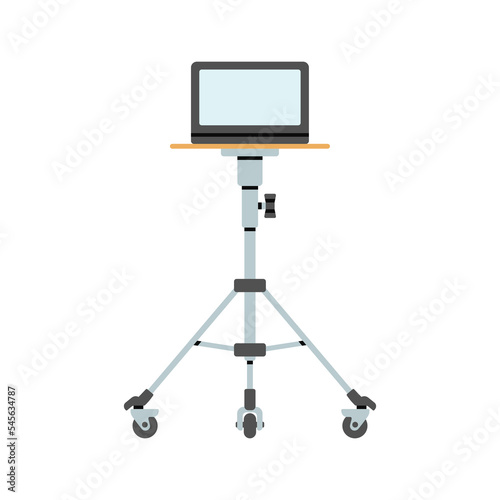 A table on wheels with a laptop. Professional photography equipment for studio. Production process. Hand drawn vector illustration isolated on white background.