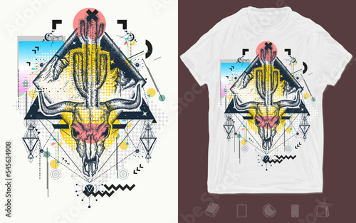 Bull skull, cactus and mountains. Zine culture concept. Hand drawn vector glitch tattoo. T-shirt design. Creative print for clothes. Template for posters, textiles