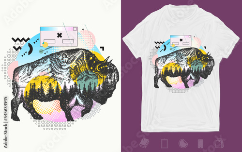 Buffalo bull. Double exposure animals. Tourism symbol, adventure, great outdoor. Vaporwave art. Hand drawn vector glitch tattoo. T-shirt design. Creative print for clothes. Zine culture concept