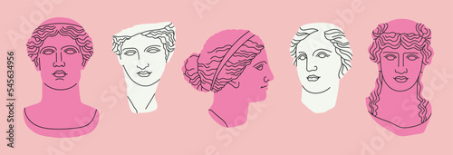 Set with mythological heroes heads in marble. Ancient Greek or Roman sculpture style. Cute hand drawn vector illustrations isolated on pink background. Museum and art concept. photo