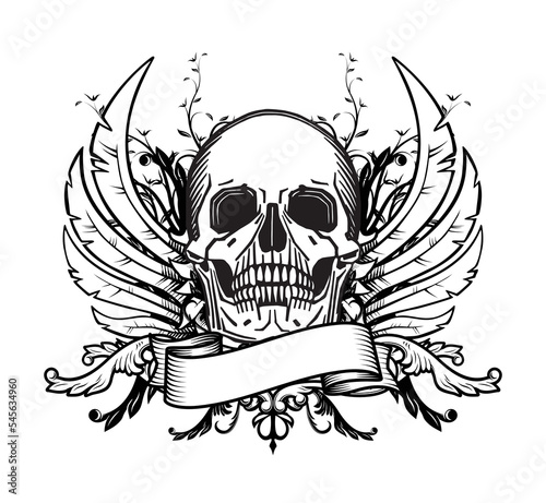 skull with wings and ribbon