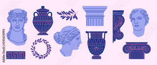 Poster with classical architectural details, sculptures and reliefs. Ancient Greek and Roman art concept. Prints can be used as stickers, icons, highlights etc. Hand drawn vector illustrations set.
