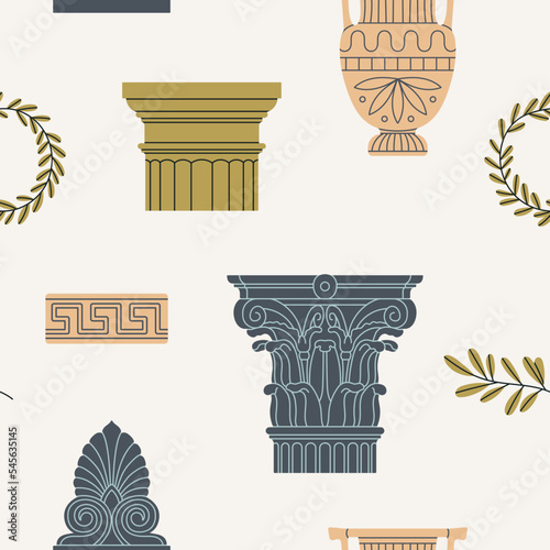 Seamless pattern with architectural details made of marble, gypsum. Ancient Greek and Roman art. Sculpture, ornament, architecture. For print, textile, wallpaper design. Hand drawn vector illustration