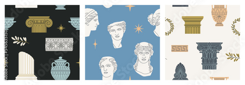Seamless patterns set with sculpture, ornament, architectural details, olive branches and vases. Ancient Greek and Roman art concept. Hand draw vector illustrations in trendy colors.