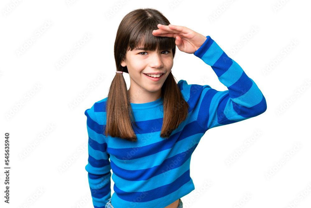 Little caucasian girl over isolated background looking far away with hand to look something Little caucasian girl over isolated background looking far away with hand to look something