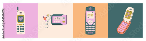 Posters set with retro mobile phones and a beeper. Old-fashioned models with buttons from 90s and 00s. Pixel picture on the screen. Hand drawn vector illustrations. Vintage electronics concept.