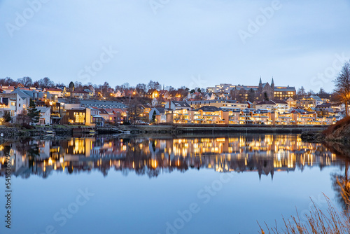View of Trondheim city from Bakklandet  east city on a December day Tr  ndelag county Norway scandinavia Europe
