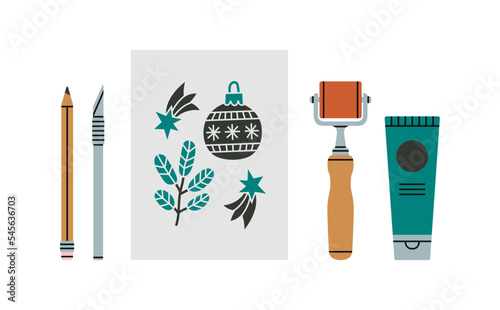 Set with linocutting equipment. Arts and crafts concept. Paint roller, woodcutter and other tools for linocut. Hand draw vector illustration isolated on white background.