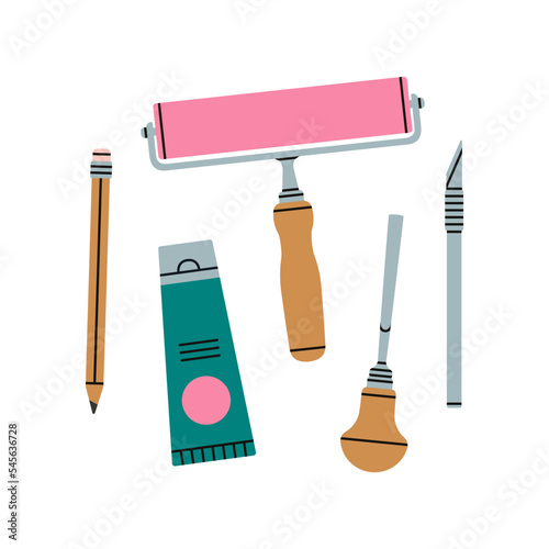 Poster with linocutting equipment. Arts and crafts concept. Paint roller, woodcutter and other tools for linocut. Hand draw vector illustration isolated on white background.