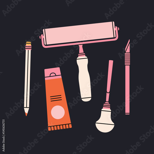 Poster with linocutting equipment. Arts and crafts concept. Paint roller, woodcutter and other tools for linocut. Hand draw vector illustration isolated on black background.