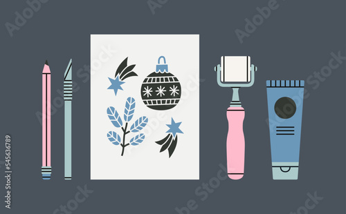 Set with linocutting equipment. Arts and crafts concept. Paint roller, woodcutter and other tools for linocut. Hand draw vector illustration isolated on grey background.