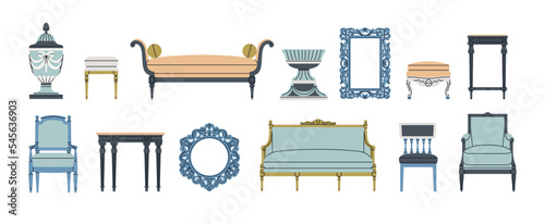 Big set with antique furniture, Renaissance style. Armchair, sofa, frame, table etc. For museum and palace interiors. Room decoration. Hand draw vector illustration isolated on white background