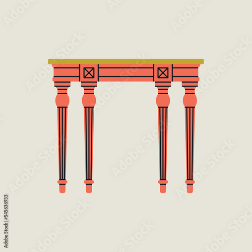 Poster with a table. Antique furniture, Renaissance style. For museum and palace interiors. Room decoration. Hand draw vector illustration isolated on colorful background.