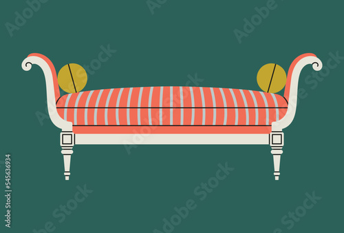 Poster with a sofa. Antique furniture, Renaissance style. For museum and palace interiors. Room decoration. Hand draw vector illustration isolated on colorful background.
