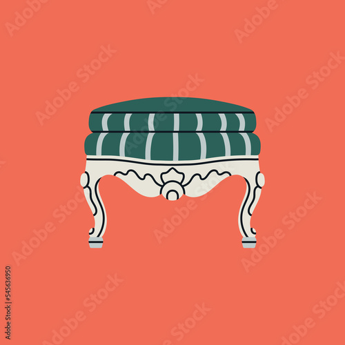 Poster with a stool, ottoman. Antique furniture, Renaissance style. For museum and palace interiors. Room decoration. Hand draw vector illustration isolated on colorful background.