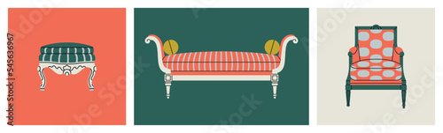 Set of posters with a stool, sofa and an armchair. Antique furniture, Renaissance style. For museum and palace interiors. Room decoration. Hand draw vector illustration isolated on colorful background