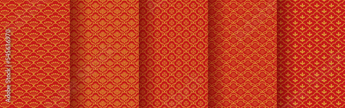 Traditional chinese seamless pattern set. Red golden asian luxury ornament