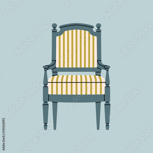 Poster with an armchair. Antique furniture, Renaissance style. For museum and palace interiors. Room decoration. Hand draw vector illustration isolated on colorful background.