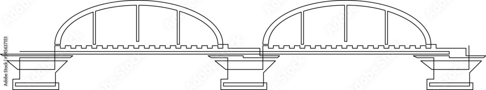 Openwork metal bridge in the medieval style over the river. Lanterns on the bridge.. Continuous line drawing. Vector illustration. Openwork metal bridge in the medieval style over the river. Lanterns on the bridge.. Continuous line drawing. Vector illustration.