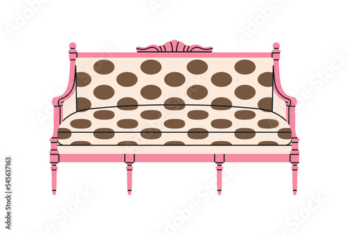 Poster with a sofa. Antique furniture, Renaissance style. For museum and palace interiors. Room decoration. Hand draw vector illustration isolated on white background.