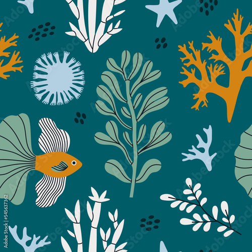 Seamless pattern exotic corals, plants and fish. Underwater and sea life concept. Hand draw vector illustration in trendy colors. For prints, textile and package design.