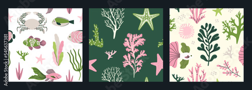 Set with seamless patterns with exotic fish and animals, corals, plants. Underwater and sea life concept. Hand draw vector illustration isolated on colorful background. Cute design in pastel colors.