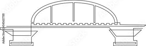 Openwork metal bridge in the medieval style over the river. Lanterns on the bridge.. Continuous line drawing. Vector illustration.