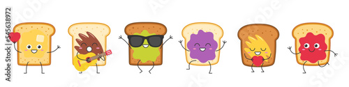 Toasts set cute character cartoon chocolate honey butter avocado jam greet jump love run sing smile face cheerful kawaii joy happy emotions symbol breakfast icon vector illustration.