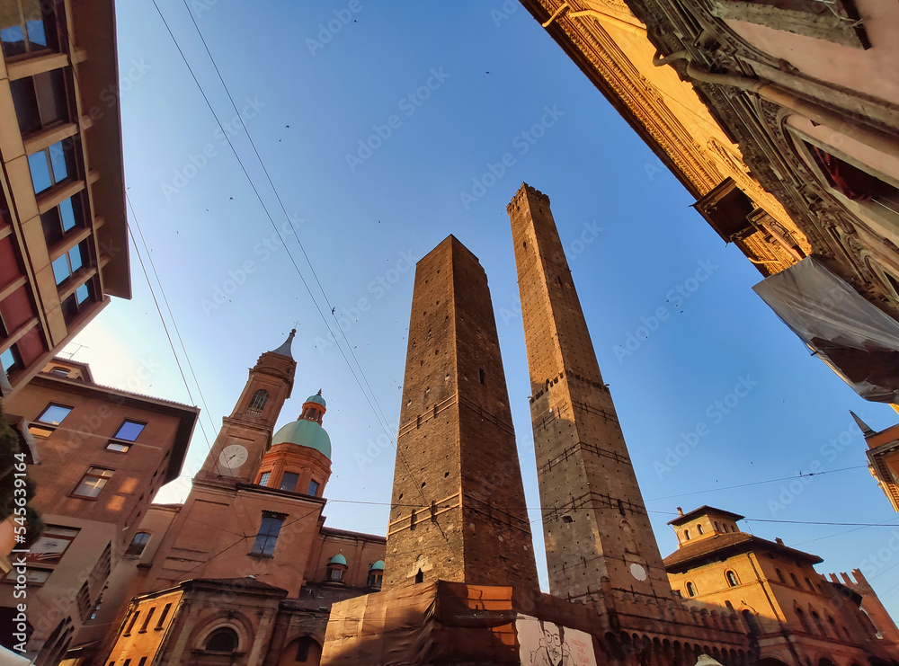 Asinelli and Garisenda, symbols of medieval Bologna towers, Bologna, Italy