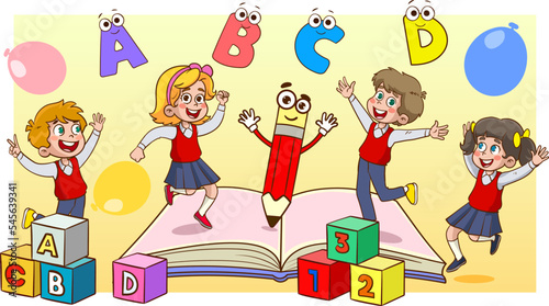 happy student kids dancing and jumping with letters and numbers. Education and knowledge concept