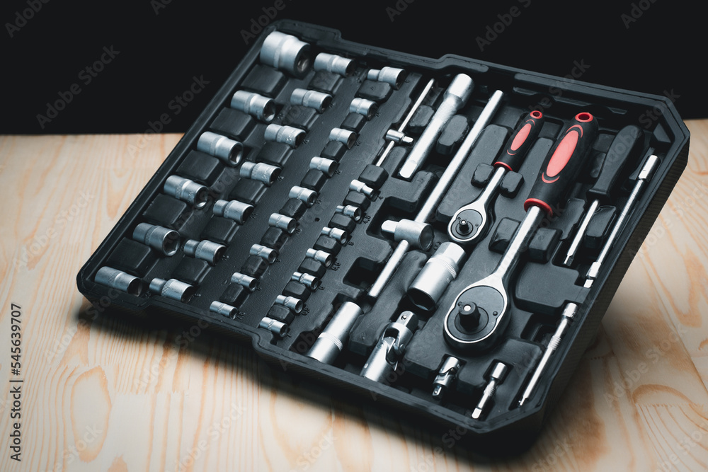 Sockets tools, wrenches, spanners and bits in a chrome socket set.repair equipment make of metal for ,maintenance industrial, you can buy toolsbox set this at shop online easily.. Sockets tools, wrenches, spanners and bits in a chrome socket set.repair equipment make of metal for ,maintenance industrial, you can buy toolsbox set this at shop online easily..