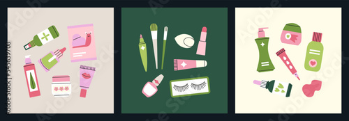 Set of posters with various beauty products like face cleanser, moisturizer, cream, nail polish, eye liner etc. Cute vector illustrations. Korean cosmetic. Beauty procedure, spa and self care concept
