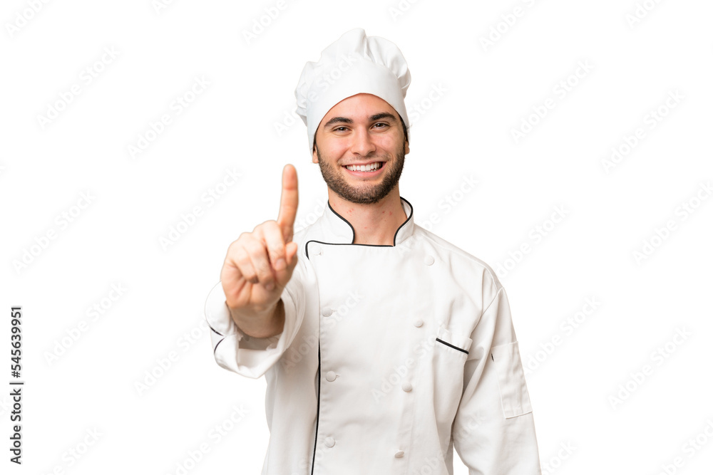 Young handsome chef man over isolated background showing and lifting a finger Young handsome chef man over isolated background showing and lifting a finger