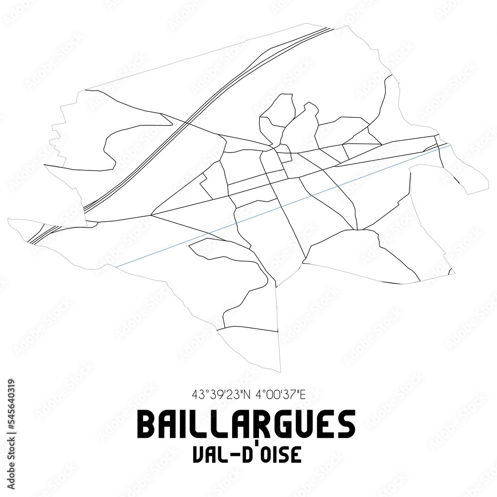 BAILLARGUES Val-d'Oise. Minimalistic street map with black and white lines. BAILLARGUES Val-d'Oise. Minimalistic street map with black and white lines.