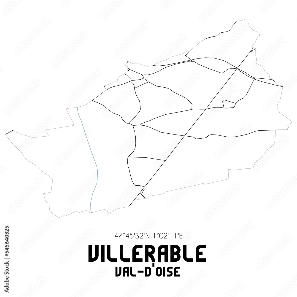 VILLERABLE Val-d'Oise. Minimalistic street map with black and white lines.