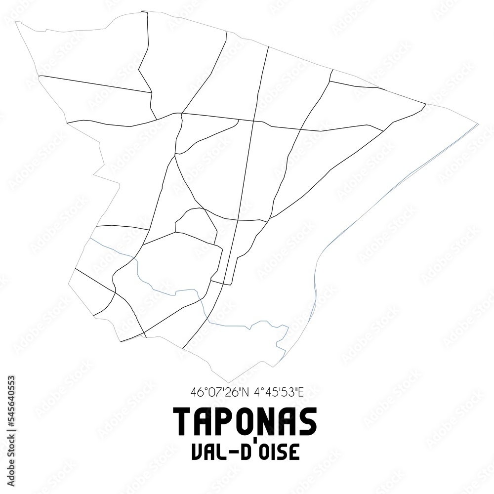TAPONAS Val-d'Oise. Minimalistic street map with black and white lines.