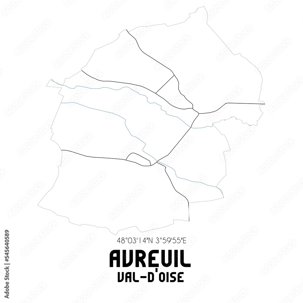 AVREUIL Val-d'Oise. Minimalistic street map with black and white lines.