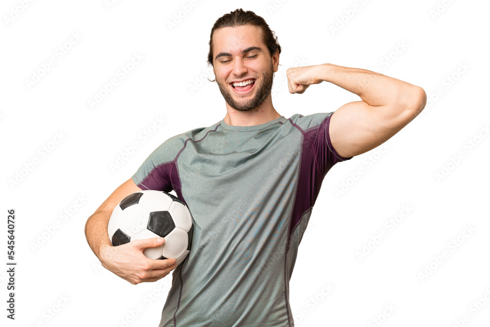 Young handsome football player man over isolated background doing strong gesture Young handsome football player man over isolated background doing strong gesture