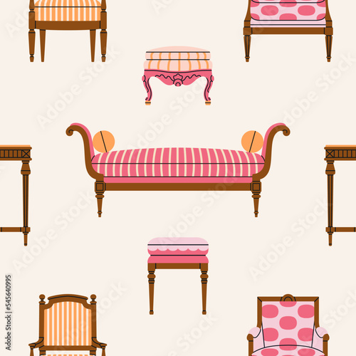 Seamless pattern with classic furniture: table, sofa, armchair etc. Palace or museum interiors concept. Hand drawn vector illustration in trendy colors. For prints, fabric, wrapping paper design etc.