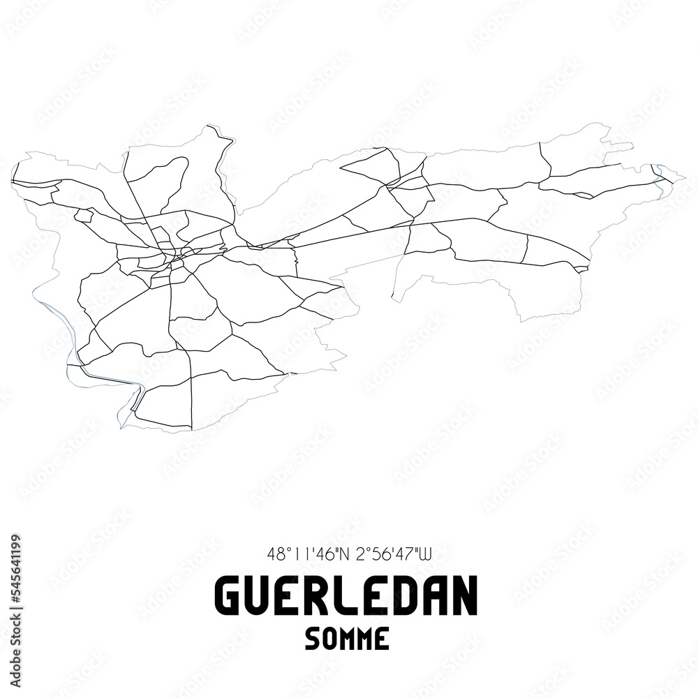 Obraz premium GUERLEDAN Somme. Minimalistic street map with black and white lines.